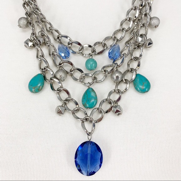 VT Luxe Blue Leather Silver Chain Multi Strand Necklace Teal Crystal Statement - Picture 2 of 6